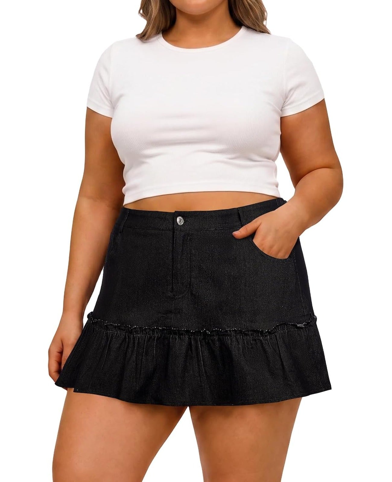 Moon Wood Women's Plus Size Denim Mini Ruffle Skirt with Shorts - Black