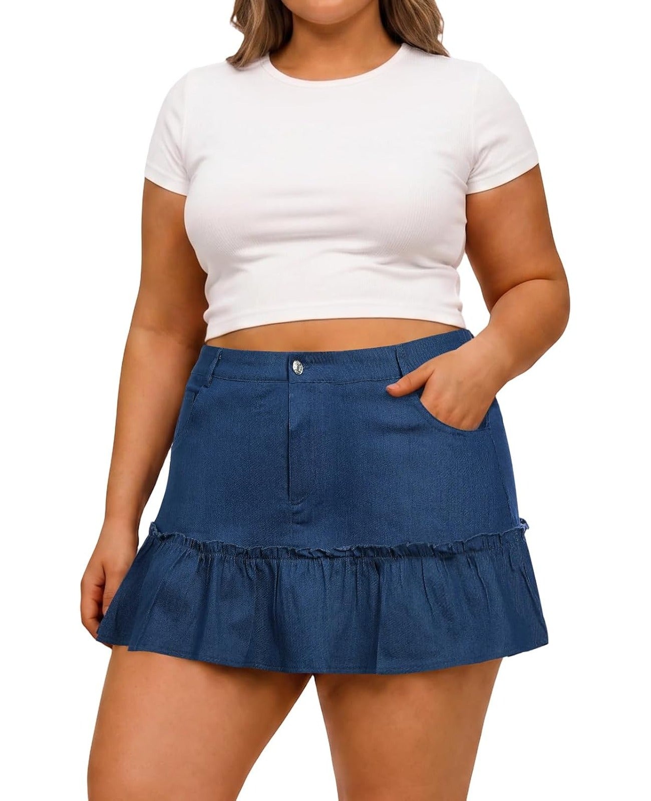 Moon Wood Women's Plus Size Denim Mini Ruffle Skirt with Shorts - Dark Blue