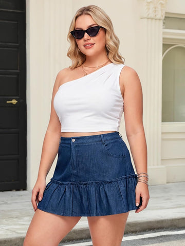 Moon Wood Women's Plus Size Denim Mini Ruffle Skirt with Shorts - Dark Blue