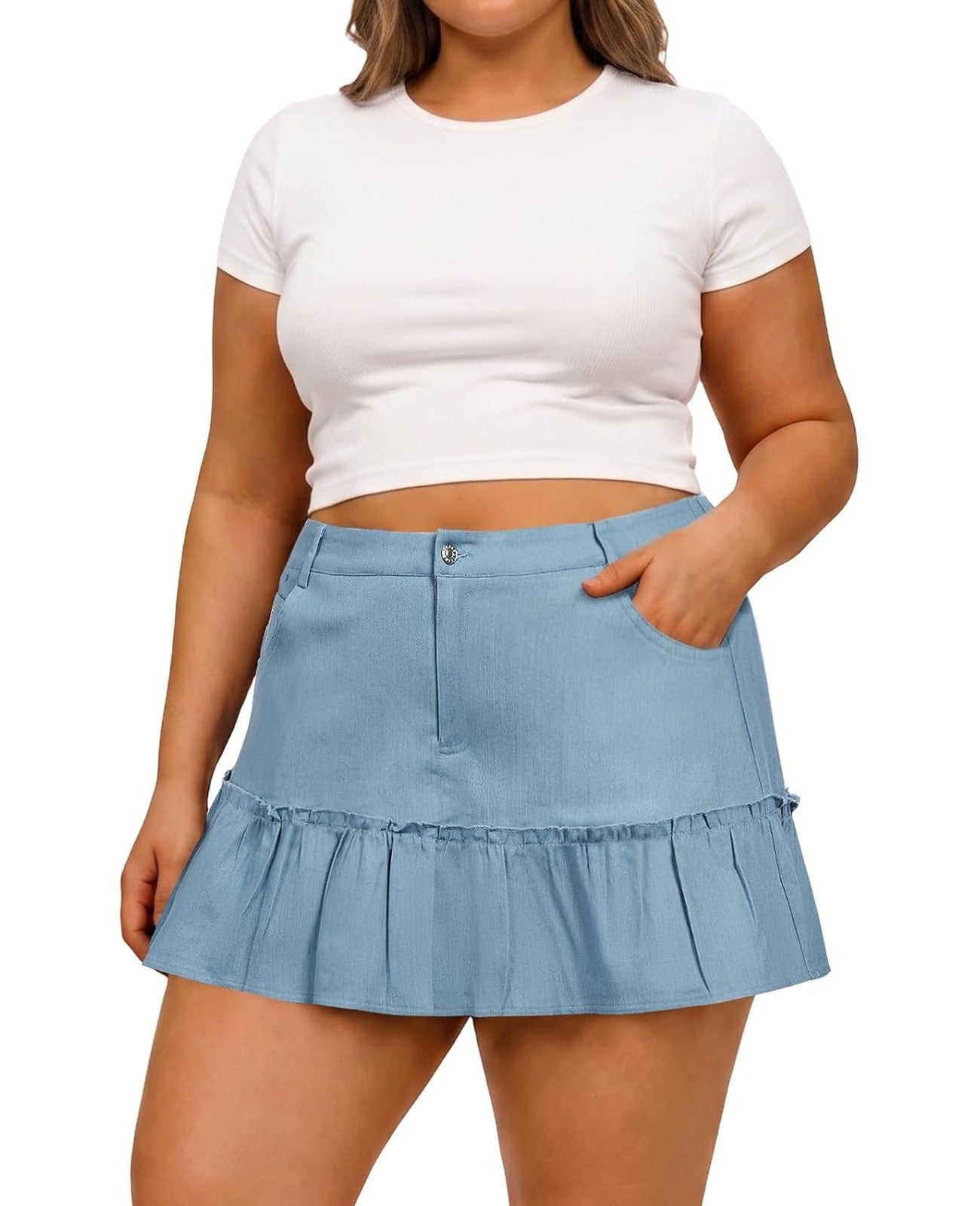 Moon Wood Women's Plus Size Denim Mini Ruffle Skirt with Shorts - Light Blue