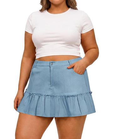 Moon Wood Women's Plus Size Denim Mini Ruffle Skirt with Shorts - Light Blue