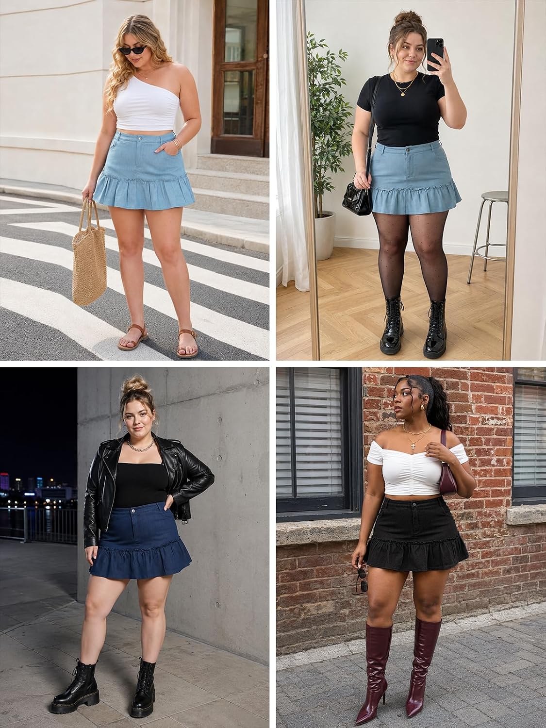 Moon Wood Women's Plus Size Denim Mini Ruffle Skirt with Shorts - Light Blue