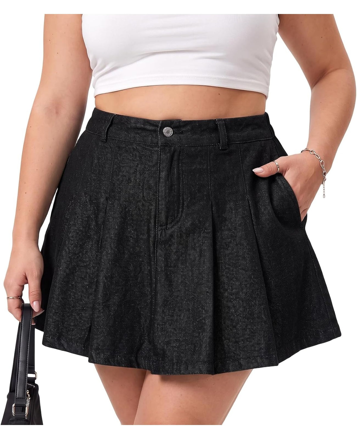 Moon Wood Women's Plus Size Denim Skirt Pleated Jean Skort with Pockets - Black