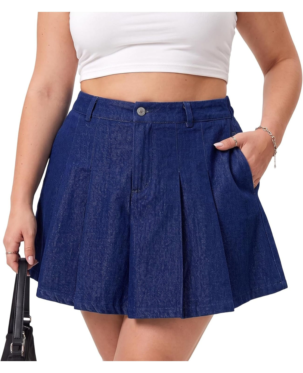 Moon Wood Women's Plus Size Denim Skirt Pleated Jean Skort with Pockets - Dark Blue