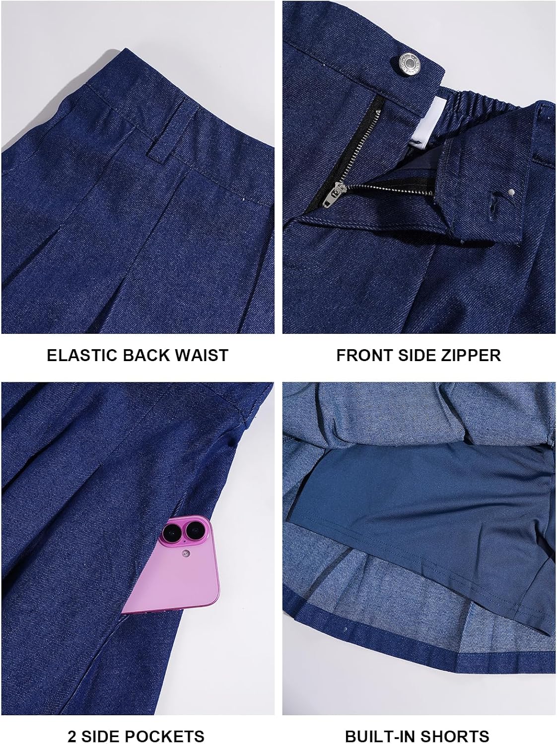 Moon Wood Women's Plus Size Denim Skirt Pleated Jean Skort with Pockets - Dark Blue