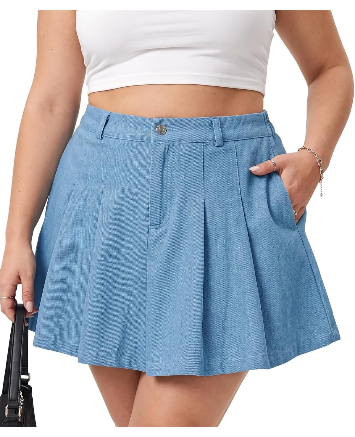 Moon Wood Women's Plus Size Denim Skirt Pleated Jean Skort with Pockets - Light Blue