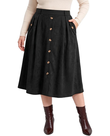 Moon Wood Women's Plus Size Faux Suede A Line Midi Skirt Fall Winter - Black