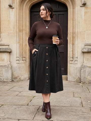 Moon Wood Women's Plus Size Faux Suede A Line Midi Skirt Fall Winter - Black