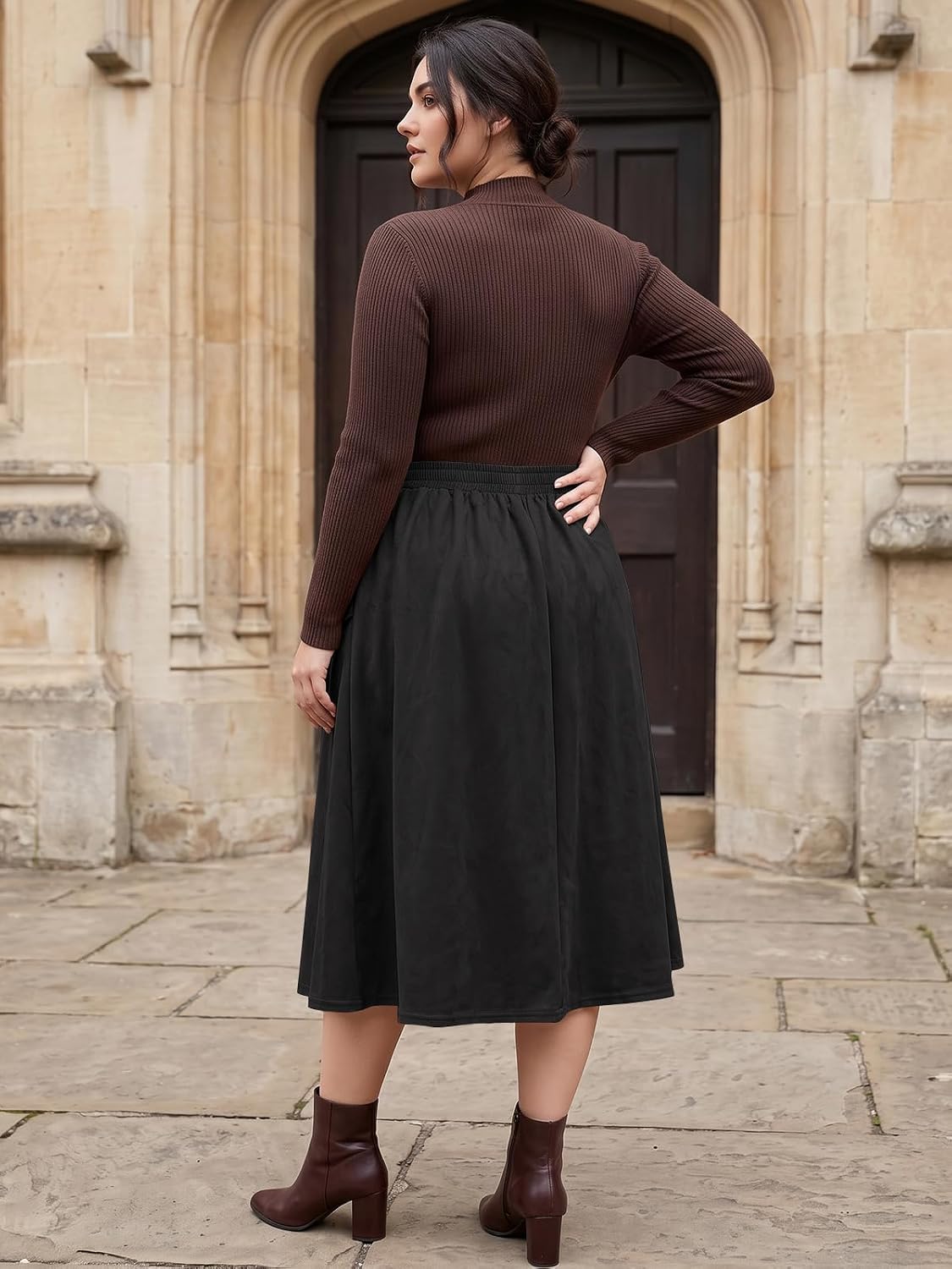 Moon Wood Women's Plus Size Faux Suede A Line Midi Skirt Fall Winter - Black