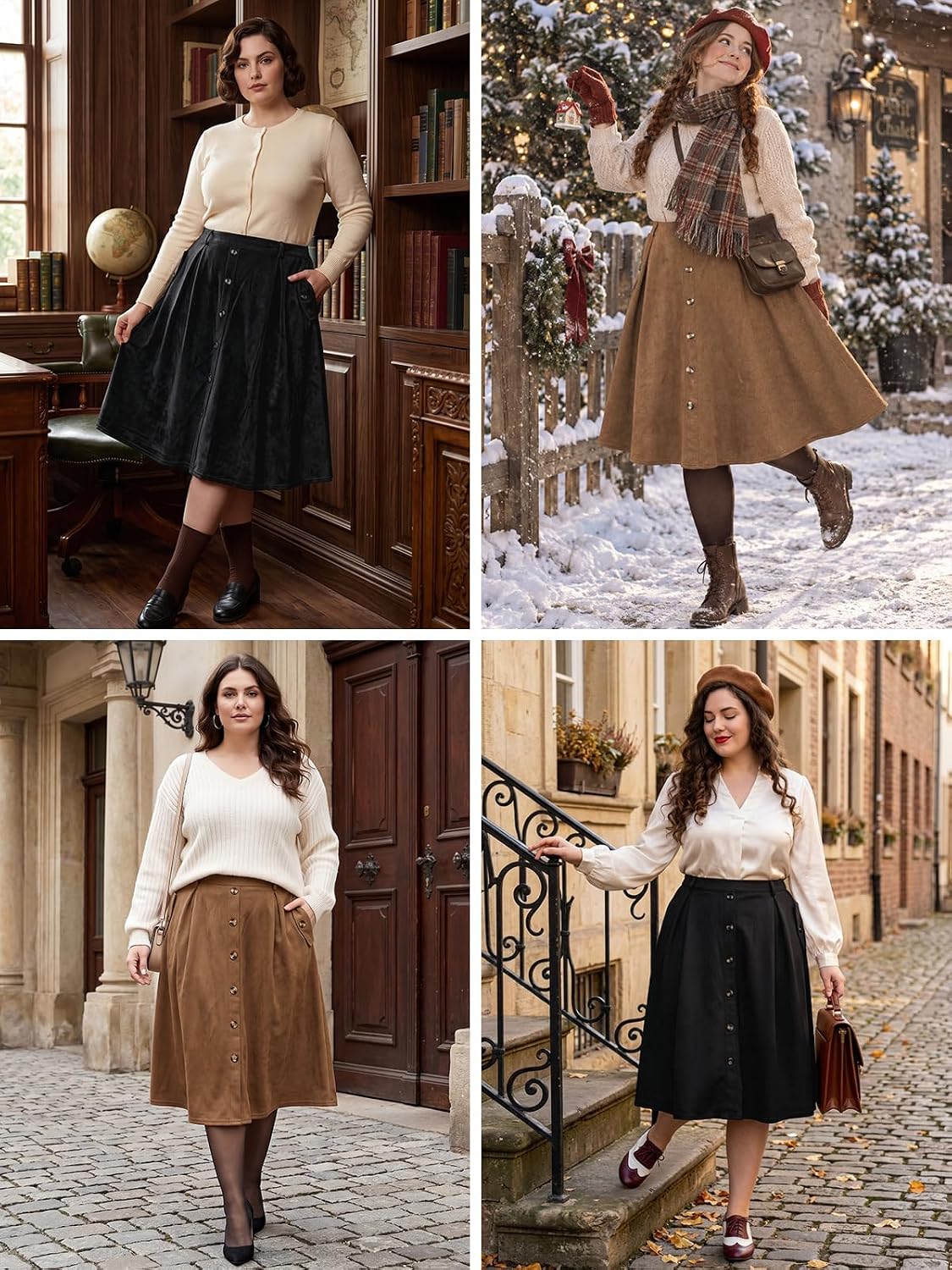 Moon Wood Women's Plus Size Faux Suede A Line Midi Skirt Fall Winter - Black
