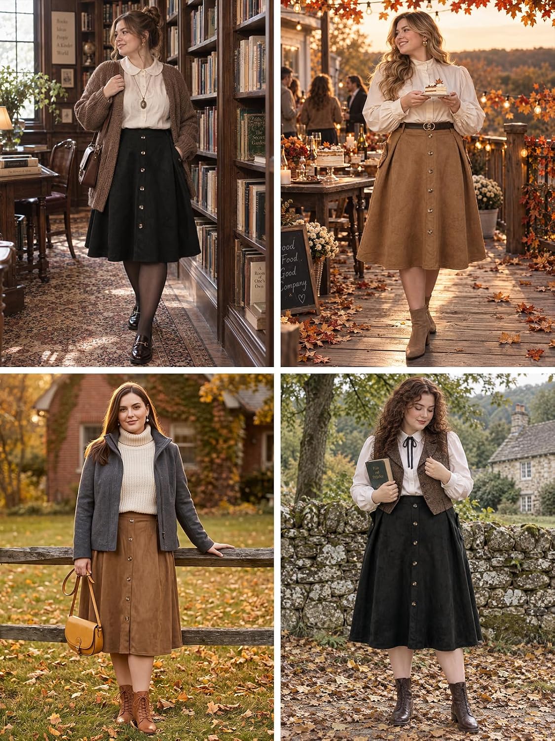 Moon Wood Women's Plus Size Faux Suede A Line Midi Skirt Fall Winter - Black