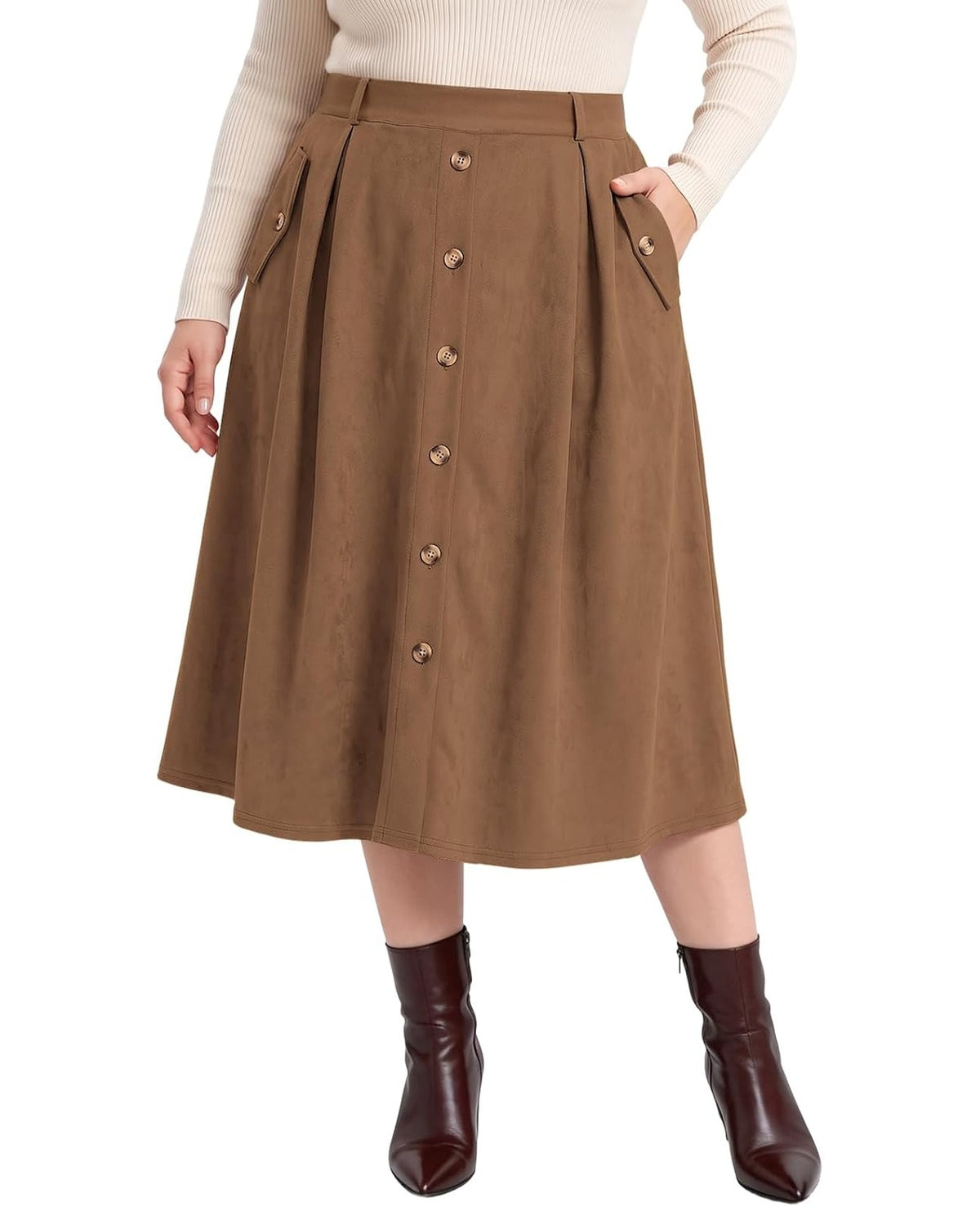 Moon Wood Women's Plus Size Faux Suede A Line Midi Skirt Fall Winter - Brown