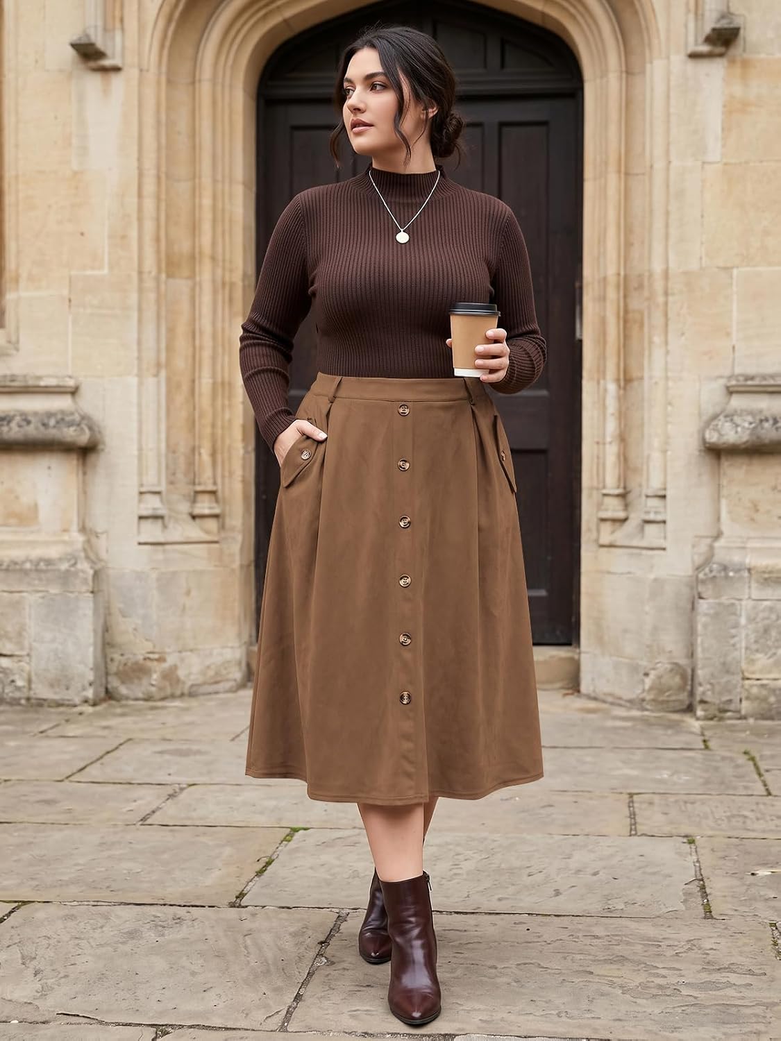 Moon Wood Women's Plus Size Faux Suede A Line Midi Skirt Fall Winter - Brown