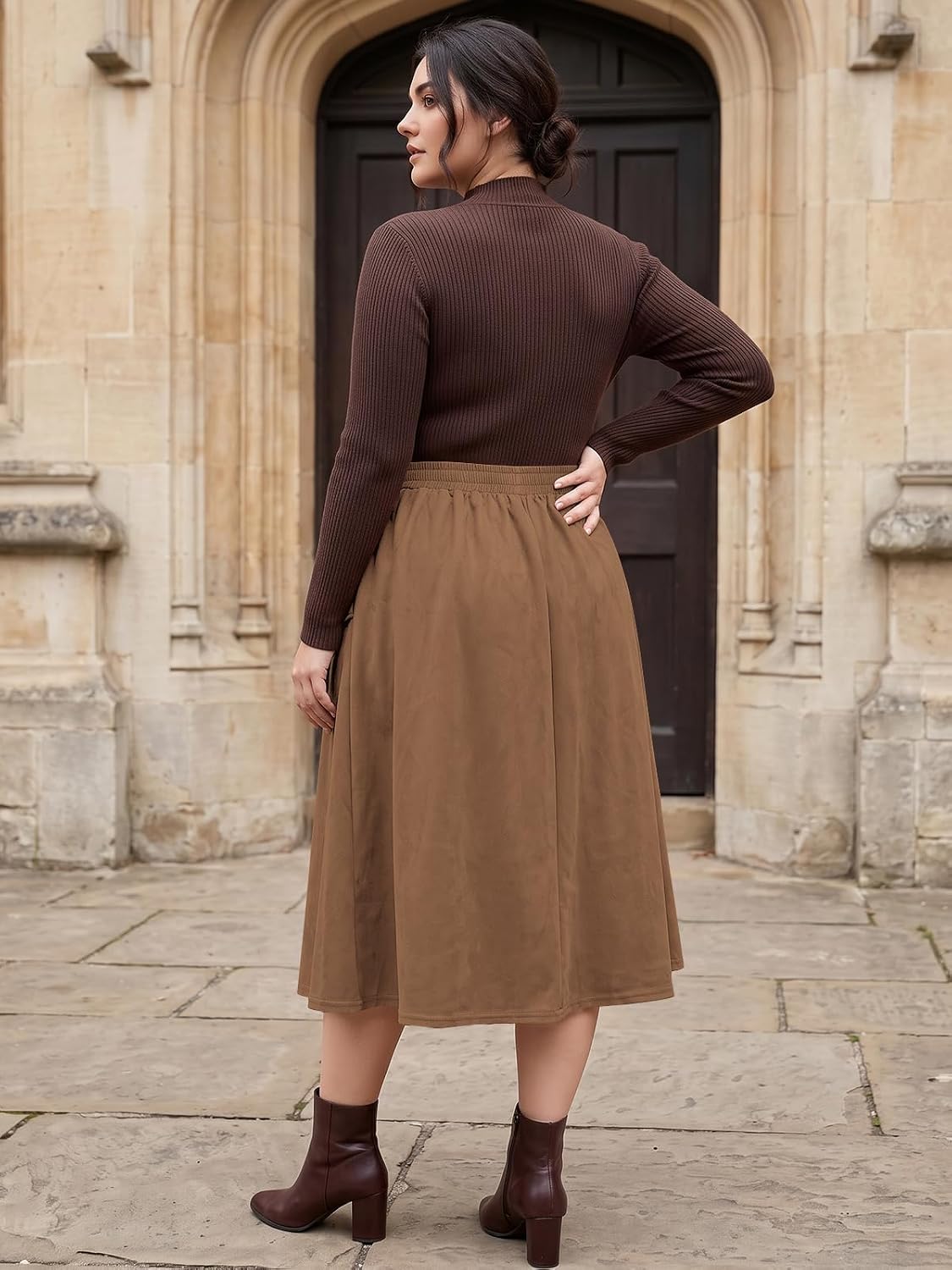 Moon Wood Women's Plus Size Faux Suede A Line Midi Skirt Fall Winter - Brown