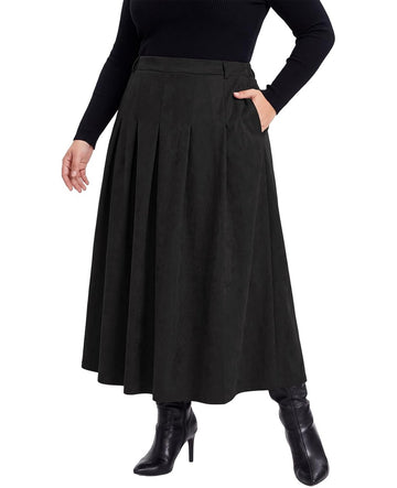 Moon Wood Women's Plus Size Faux Suede A Line Pleated Skirt Fall Winter - Black
