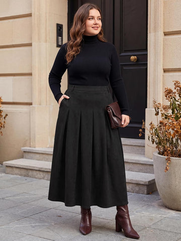 Moon Wood Women's Plus Size Faux Suede A Line Pleated Skirt Fall Winter - Black