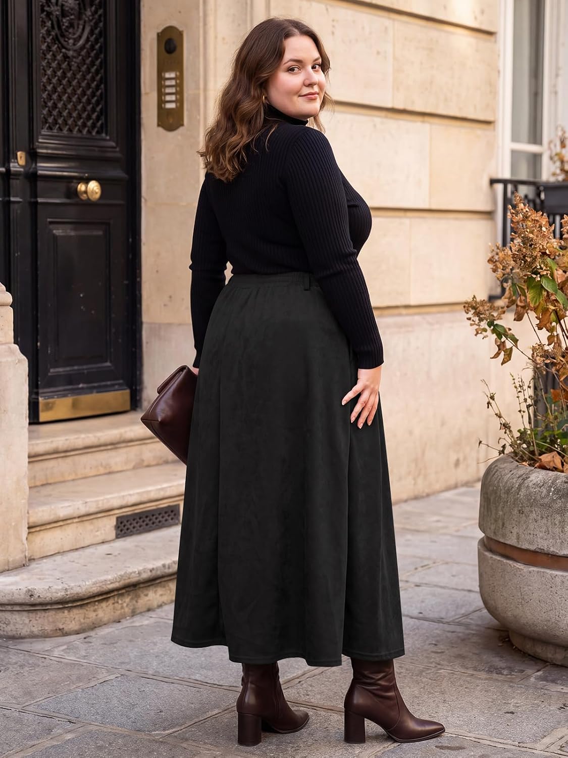 Moon Wood Women's Plus Size Faux Suede A Line Pleated Skirt Fall Winter - Black
