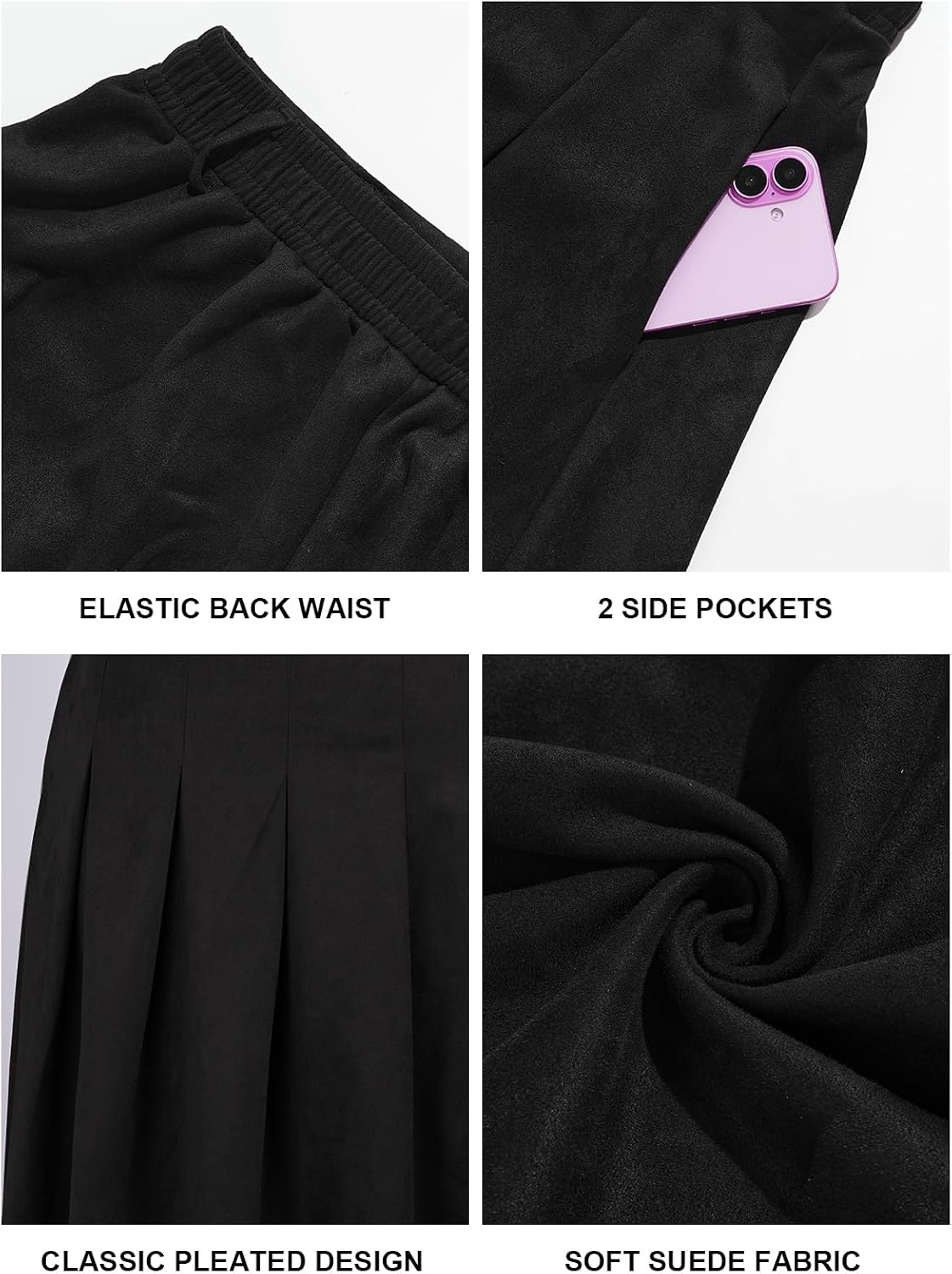 Moon Wood Women's Plus Size Faux Suede A Line Pleated Skirt Fall Winter - Black