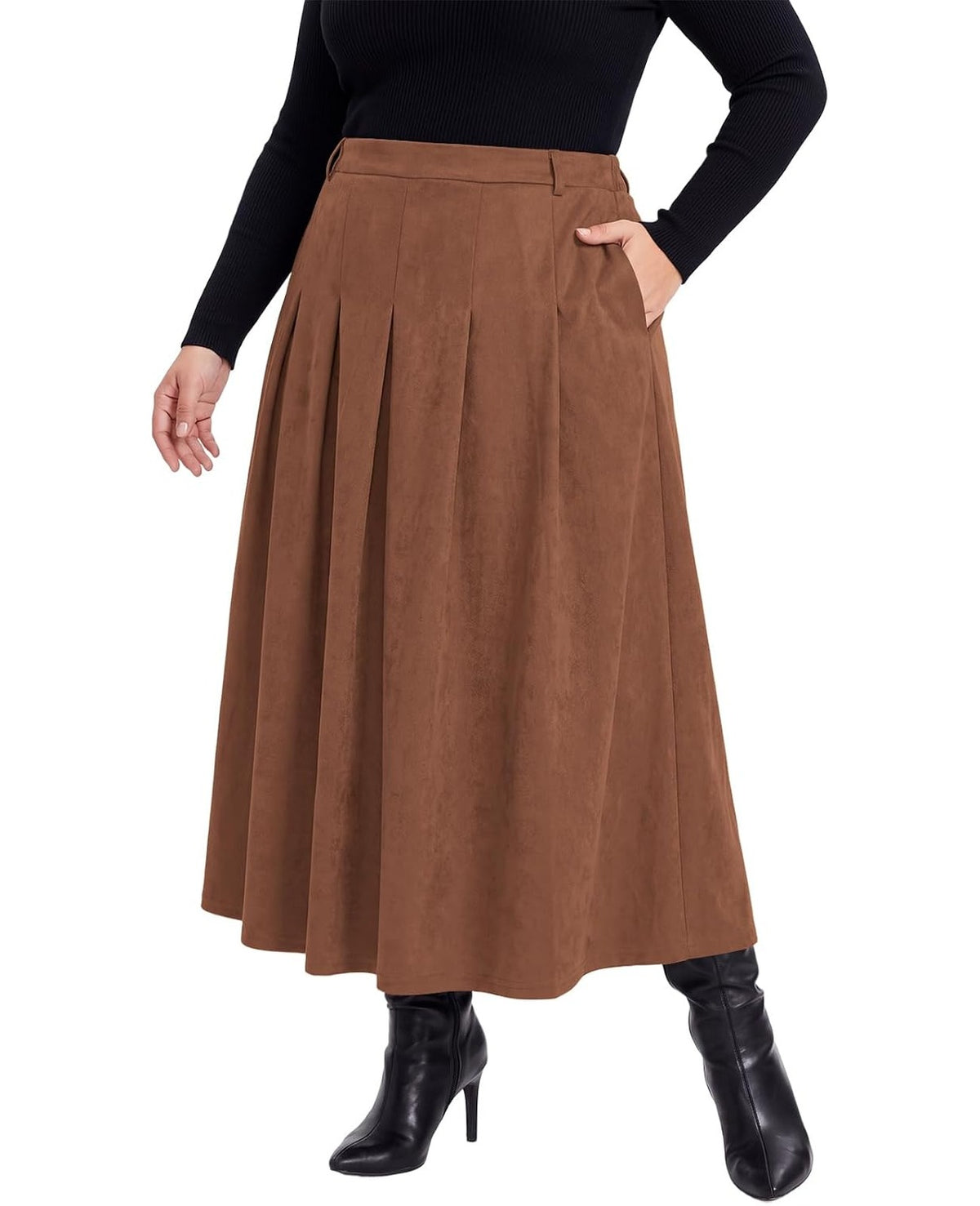 Moon Wood Women's Plus Size Faux Suede A Line Pleated Skirt Fall Winter - Brown