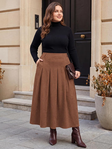 Moon Wood Women's Plus Size Faux Suede A Line Pleated Skirt Fall Winter - Brown