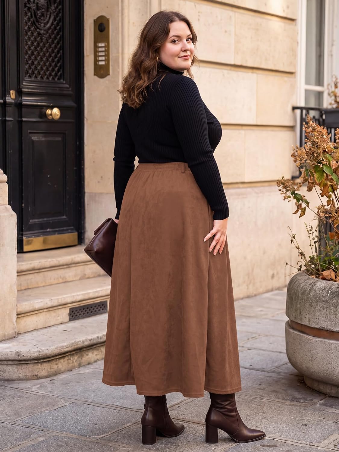 Moon Wood Women's Plus Size Faux Suede A Line Pleated Skirt Fall Winter - Brown
