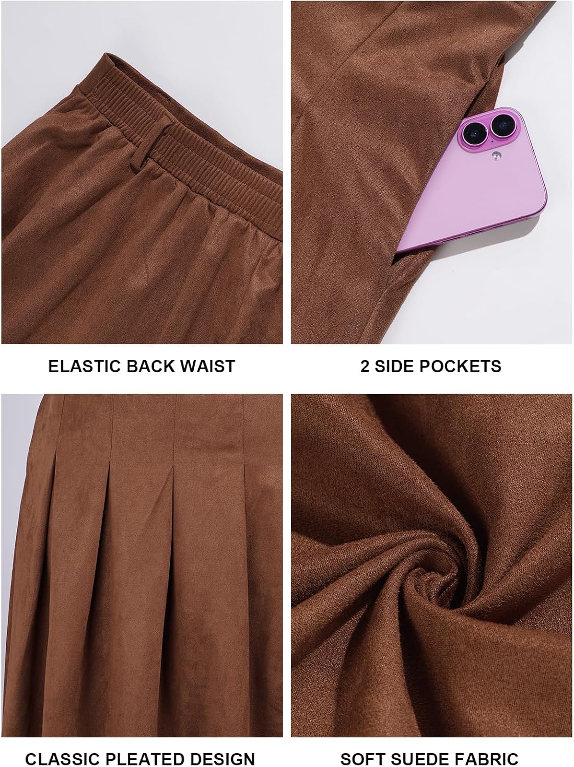 Moon Wood Women's Plus Size Faux Suede A Line Pleated Skirt Fall Winter - Brown