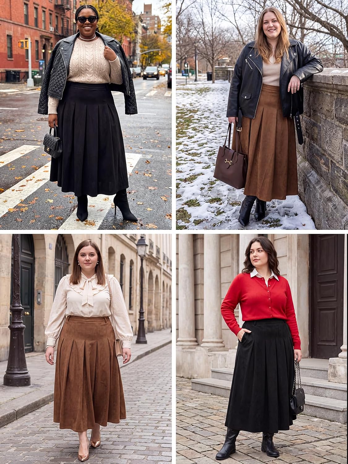 Moon Wood Women's Plus Size Faux Suede A Line Pleated Skirt Fall Winter - Brown
