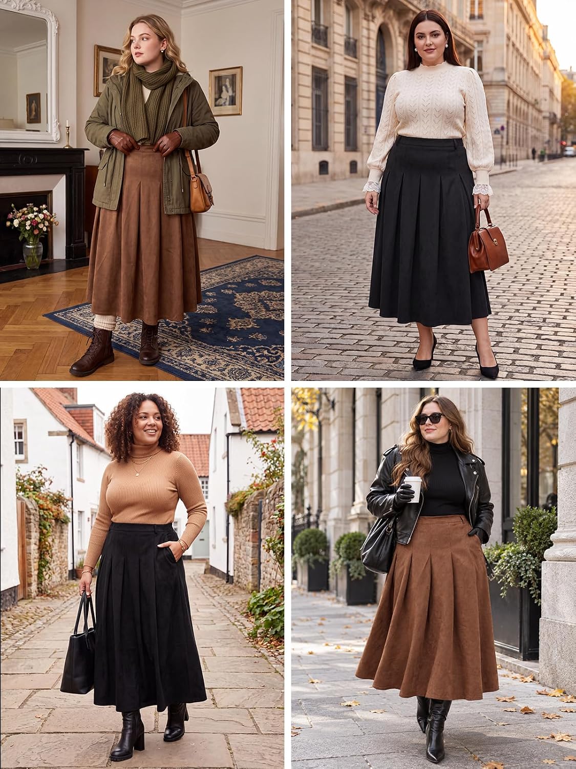 Moon Wood Women's Plus Size Faux Suede A Line Pleated Skirt Fall Winter - Brown