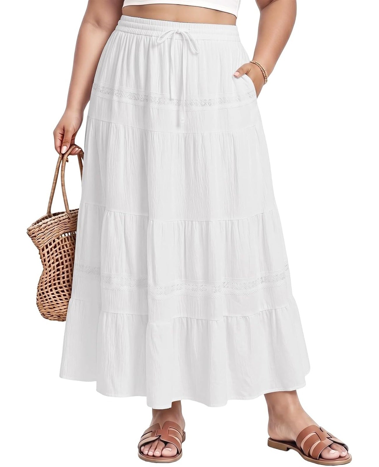 Moon Wood Women's Plus Size Maxi Skirt with Pockets Renaissance Long Skirt - White