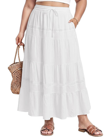 Moon Wood Women's Plus Size Maxi Skirt with Pockets Renaissance Long Skirt - White