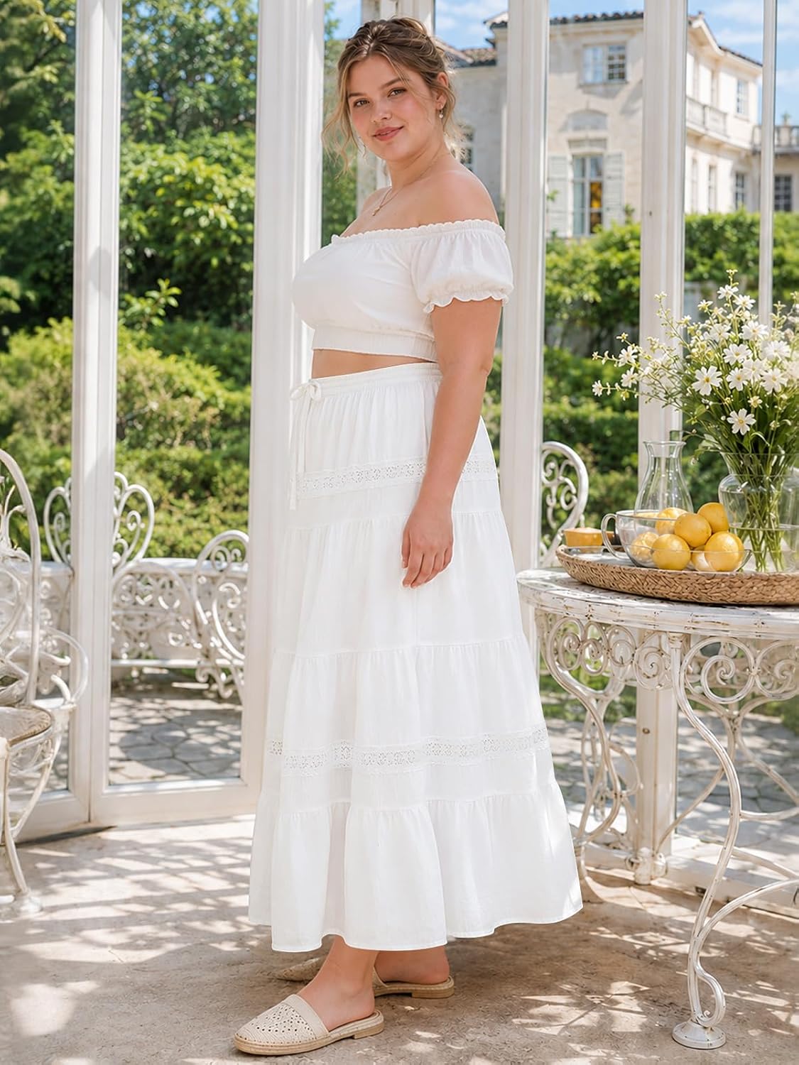 Moon Wood Women's Plus Size Maxi Skirt with Pockets Renaissance Long Skirt - White