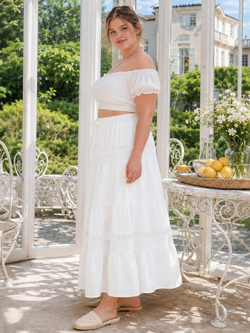 Moon Wood Women's Plus Size Maxi Skirt with Pockets Renaissance Long Skirt - White