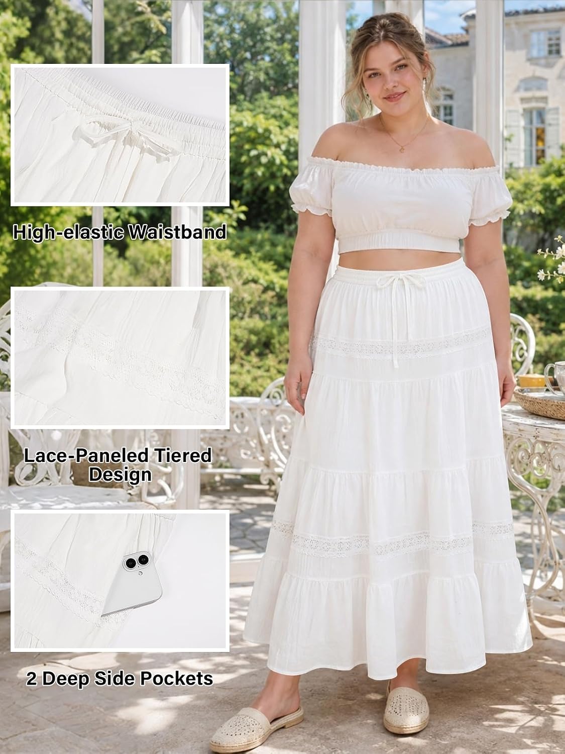 Moon Wood Women's Plus Size Maxi Skirt with Pockets Renaissance Long Skirt - White