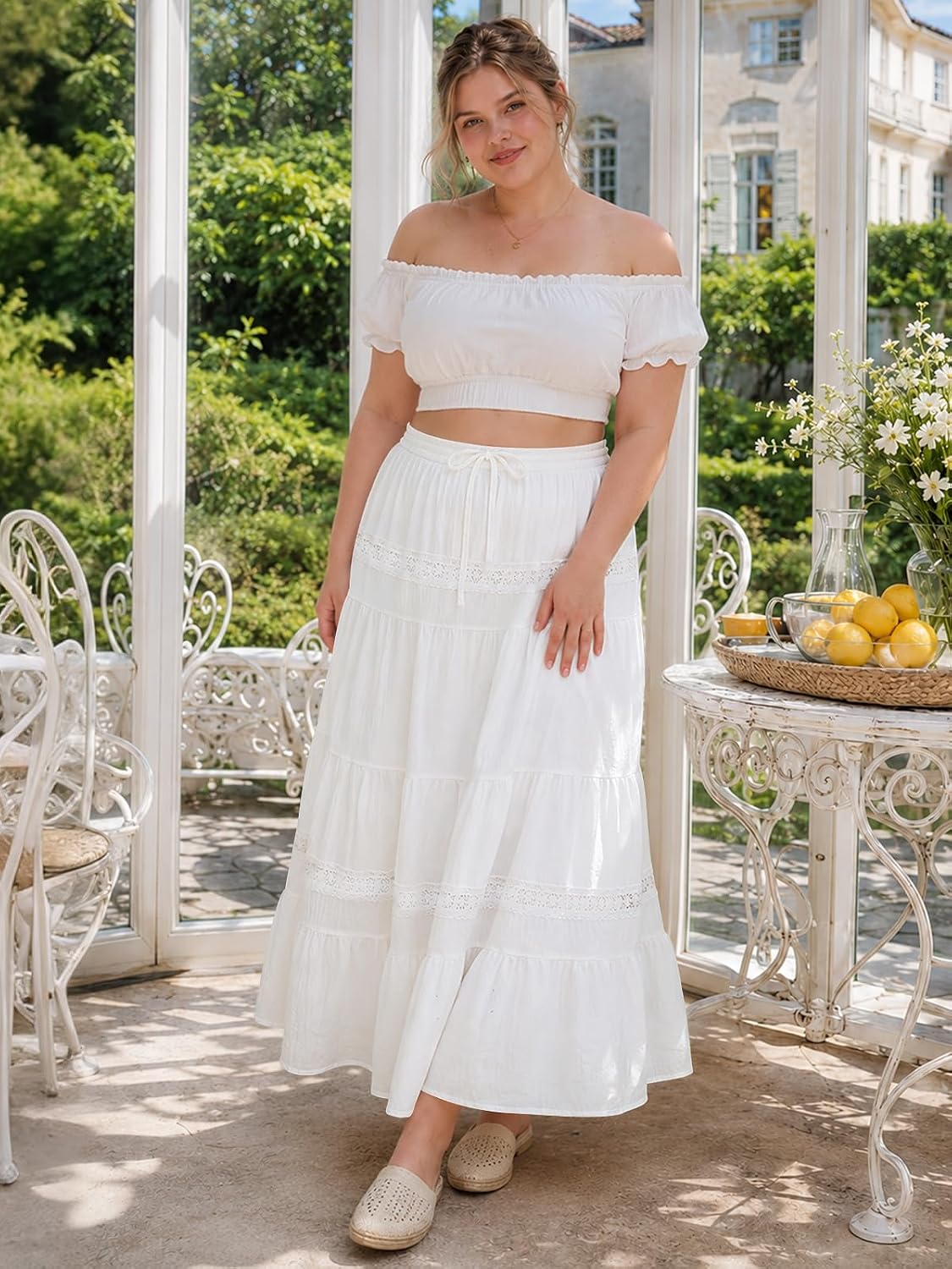 Moon Wood Women's Plus Size Maxi Skirt with Pockets Renaissance Long Skirt - White