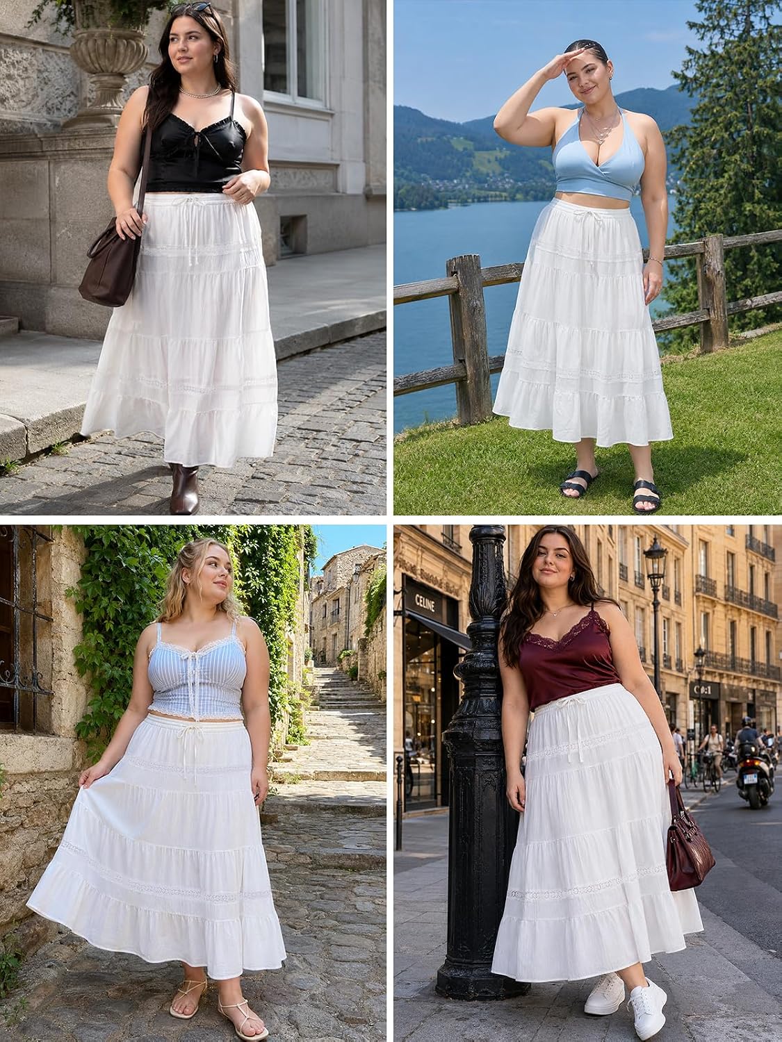 Moon Wood Women's Plus Size Maxi Skirt with Pockets Renaissance Long Skirt - White