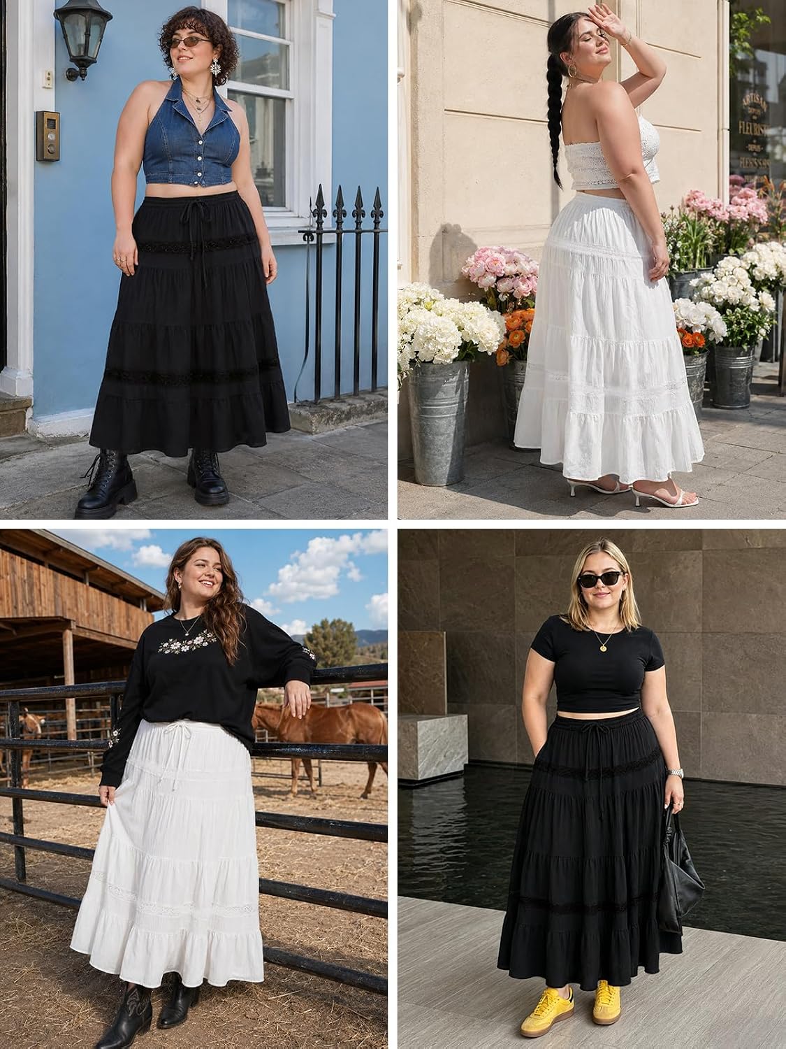Moon Wood Women's Plus Size Maxi Skirt with Pockets Renaissance Long Skirt - White