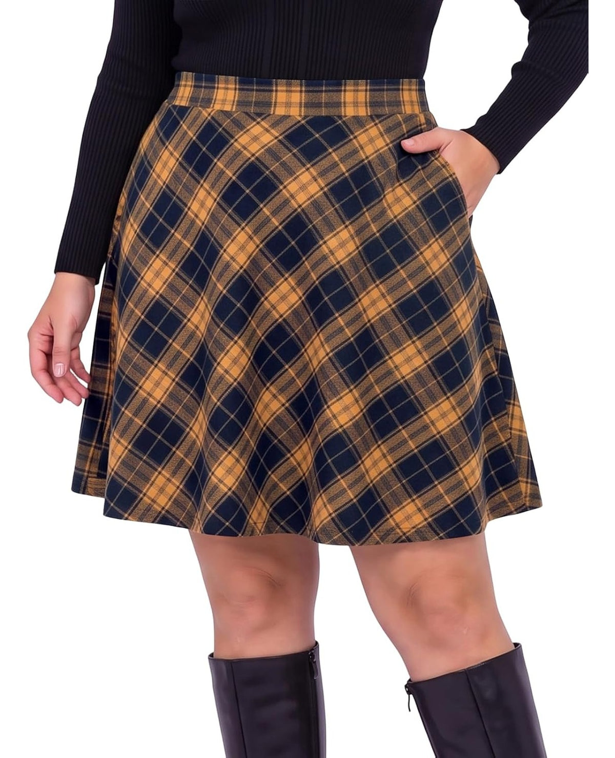 Moon Wood Women's Plus Size Plaid A-Line Knee Length Skirt with Pockets - Floral01