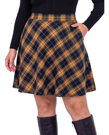 Moon Wood Women's Plus Size Plaid A-Line Knee Length Skirt with Pockets - Floral01
