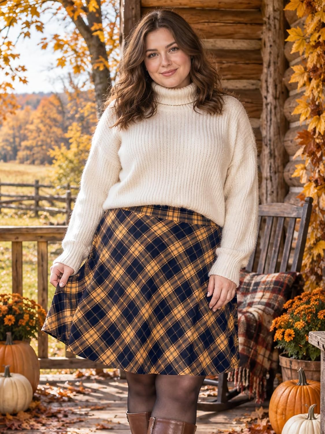 Moon Wood Women's Plus Size Plaid A-Line Knee Length Skirt with Pockets - Floral01