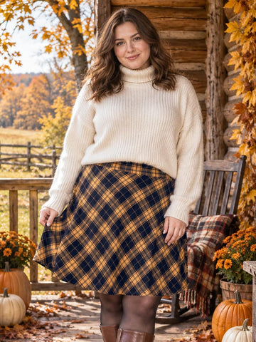 Moon Wood Women's Plus Size Plaid A-Line Knee Length Skirt with Pockets - Floral01