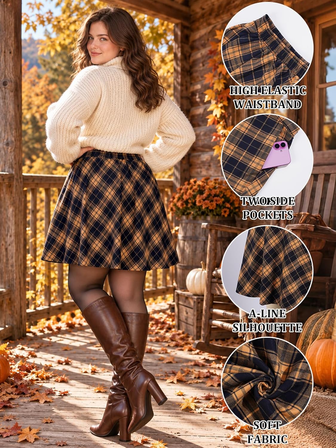 Moon Wood Women's Plus Size Plaid A-Line Knee Length Skirt with Pockets - Floral01
