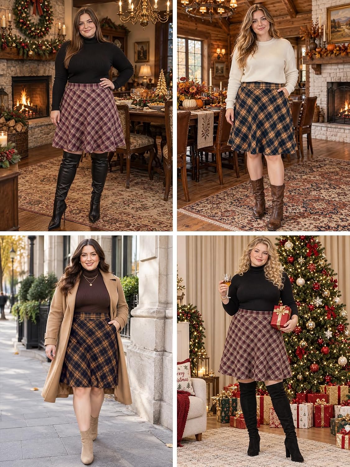 Moon Wood Women's Plus Size Plaid A-Line Knee Length Skirt with Pockets - Floral01