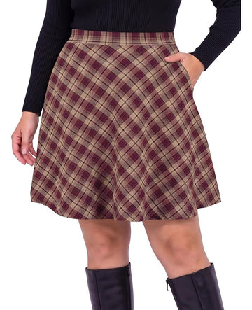 Moon Wood Women's Plus Size Plaid A-Line Knee Length Skirt with Pockets - Floral02