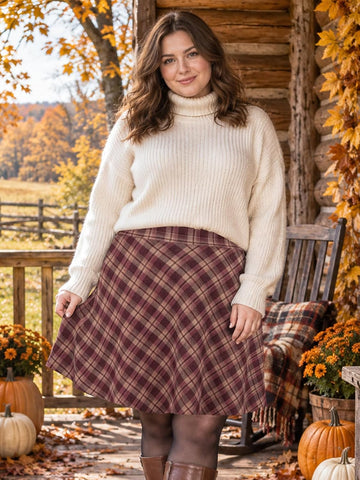 Moon Wood Women's Plus Size Plaid A-Line Knee Length Skirt with Pockets - Floral02