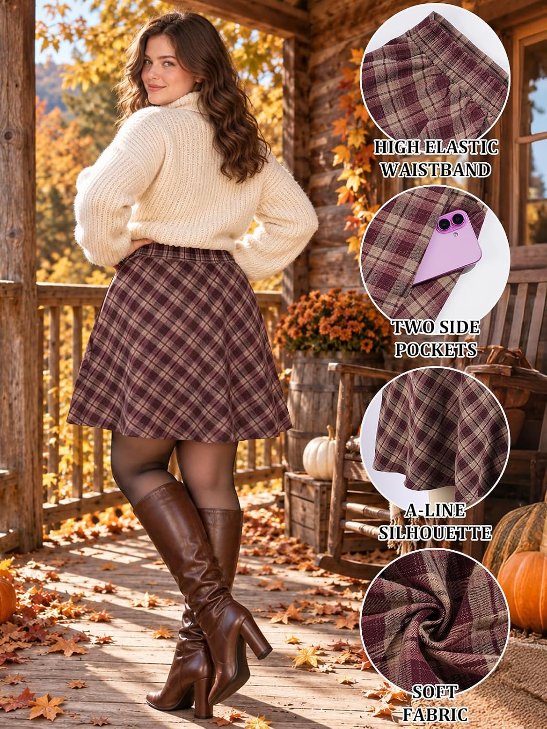 Moon Wood Women's Plus Size Plaid A-Line Knee Length Skirt with Pockets - Floral02