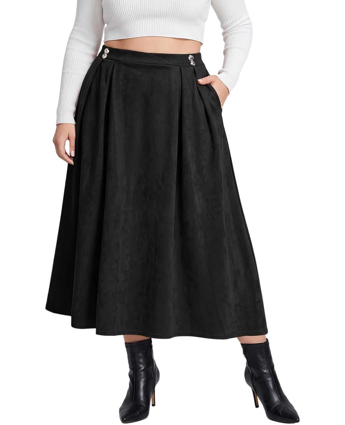 Moon Wood Women's Plus Size Suede Pleated Maxi Skirt with Pockets - Black
