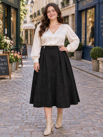 Moon Wood Women's Plus Size Suede Pleated Maxi Skirt with Pockets - Black