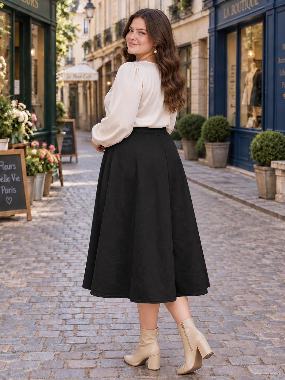 Moon Wood Women's Plus Size Suede Pleated Maxi Skirt with Pockets - Black