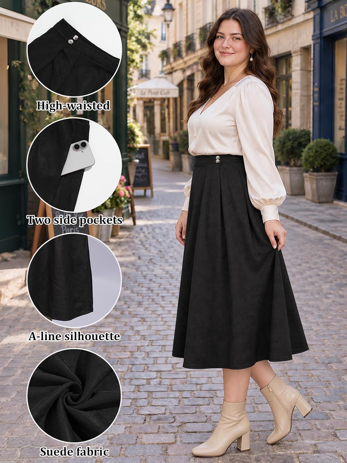 Moon Wood Women's Plus Size Suede Pleated Maxi Skirt with Pockets - Black