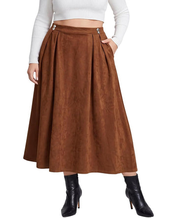 Moon Wood Women's Plus Size Suede Pleated Maxi Skirt with Pockets - Brown